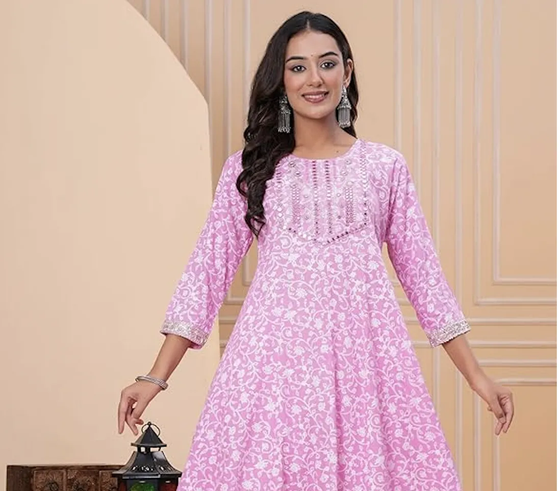 Women’s Cotton Anarkali Kurta Set with Pant and Dupatta | Elegant Floral Printed Long Kurti