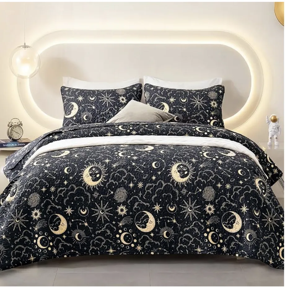 Home Quilt Set Full Queen Size Black Print 3 Piece,Lightweight Soft Coverlet Modern Style Sun Starry Pattern Bedspread Set(1 Quilt,2 Pillow Shams)