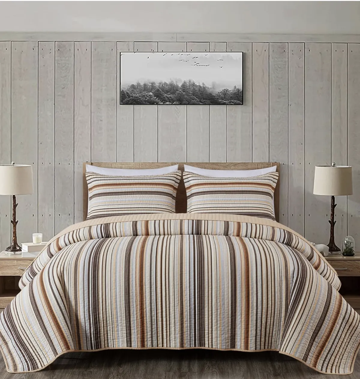 Striped Cotton Quilt Set Twin Size, 2-Piece Soft Pre-Washed 100% Cotton Quilt, Multi-Color Brown