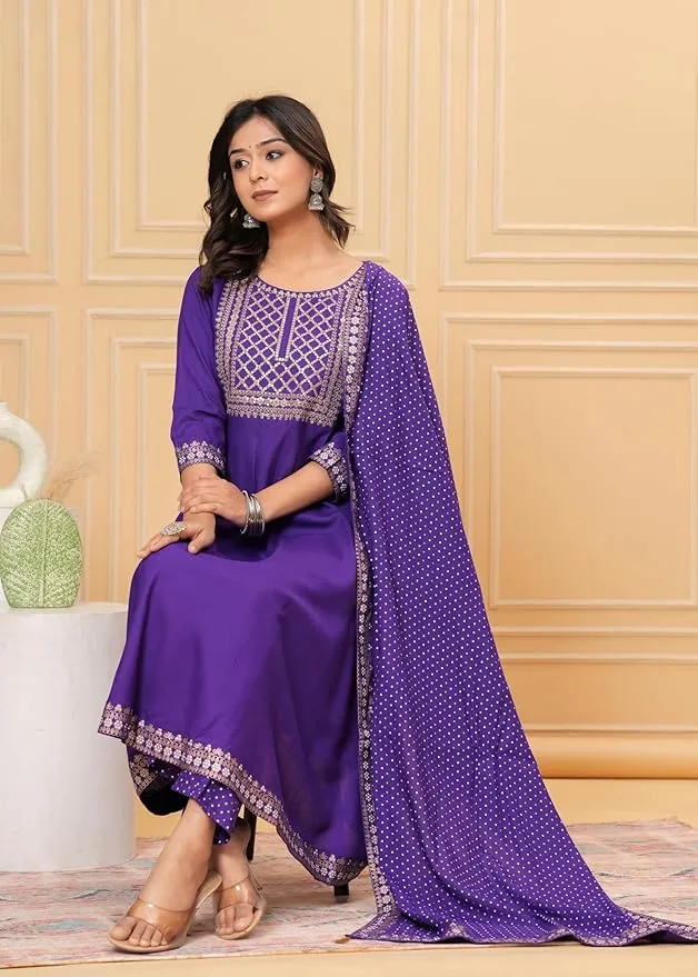 Women Embroidered Kurta set with Dupatta in Rayon fabric Indian Tunic Dress Ethnic Wear Collection For Women