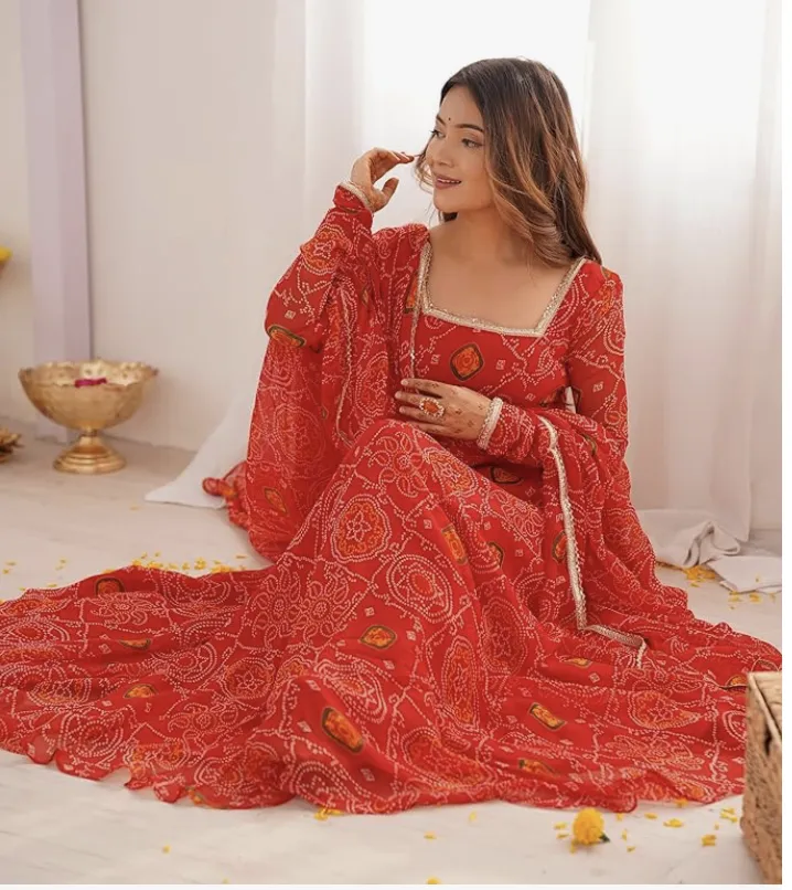 Shiv Collection Indian Style Pure Soft Chiffon Bandhej Fully Flair Gown Set for Women ready to wear
