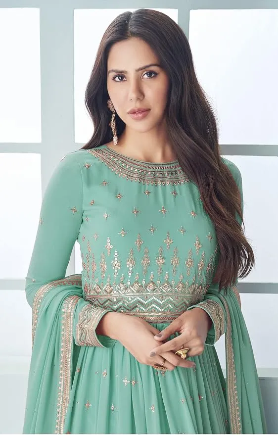 Ready To Wear Indian Party Wear Women's Embroidery Faux Georgette Anarkali Floral Gown For Women