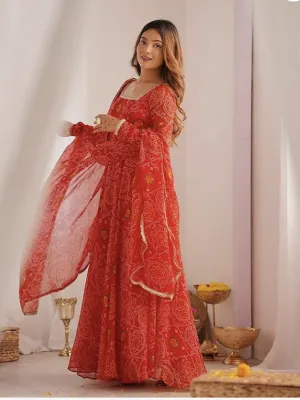 Shiv Collection Indian Style Pure Soft Chiffon Bandhej Fully Flair Gown Set for Women ready to wear