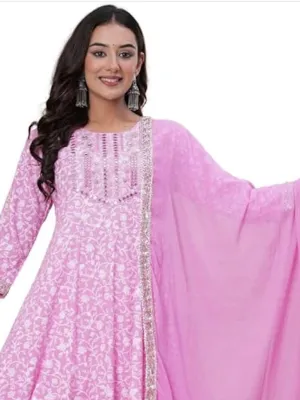 Women’s Cotton Anarkali Kurta Set with Pant and Dupatta | Elegant Floral Printed Long Kurti