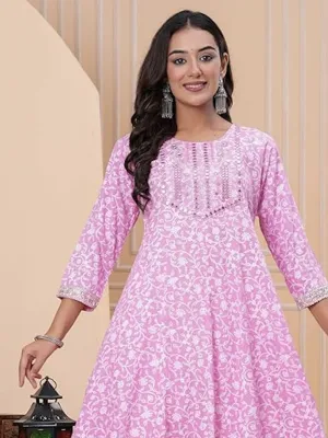 Women’s Cotton Anarkali Kurta Set with Pant and Dupatta | Elegant Floral Printed Long Kurti