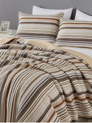 Striped Cotton Quilt Set Twin Size, 2-Piece Soft Pre-Washed 100% Cotton Quilt, Multi-Color Brown