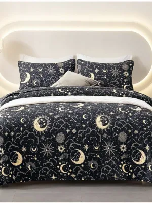 Home Quilt Set Full Queen Size Black Print 3 Piece,Lightweight Soft Coverlet Modern Style Sun Starry Pattern Bedspread Set(1 Quilt,2 Pillow Shams)