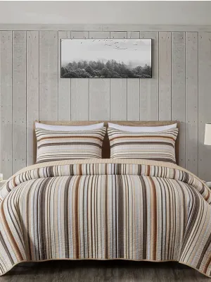 Striped Cotton Quilt Set Twin Size, 2-Piece Soft Pre-Washed 100% Cotton Quilt, Multi-Color Brown