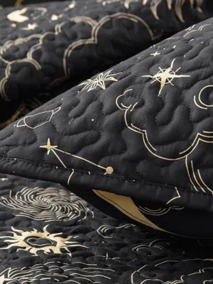 Home Quilt Set Full Queen Size Black Print 3 Piece,Lightweight Soft Coverlet Modern Style Sun Starry Pattern Bedspread Set(1 Quilt,2 Pillow Shams)