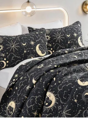 Home Quilt Set Full Queen Size Black Print 3 Piece,Lightweight Soft Coverlet Modern Style Sun Starry Pattern Bedspread Set(1 Quilt,2 Pillow Shams)