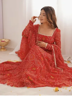 Shiv Collection Indian Style Pure Soft Chiffon Bandhej Fully Flair Gown Set for Women ready to wear