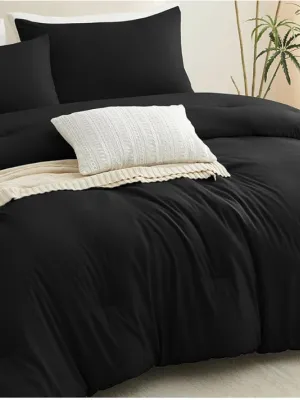 Comforter Set Black, 3 Pieces Lightweight Comforters Queen Size Quilted Bedding Sets, All Season Breathable Solid Down Alternative Comforter