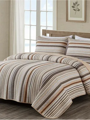 Striped Cotton Quilt Set Twin Size, 2-Piece Soft Pre-Washed 100% Cotton Quilt, Multi-Color Brown