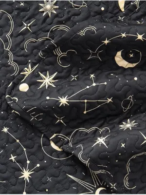 Home Quilt Set Full Queen Size Black Print 3 Piece,Lightweight Soft Coverlet Modern Style Sun Starry Pattern Bedspread Set(1 Quilt,2 Pillow Shams)