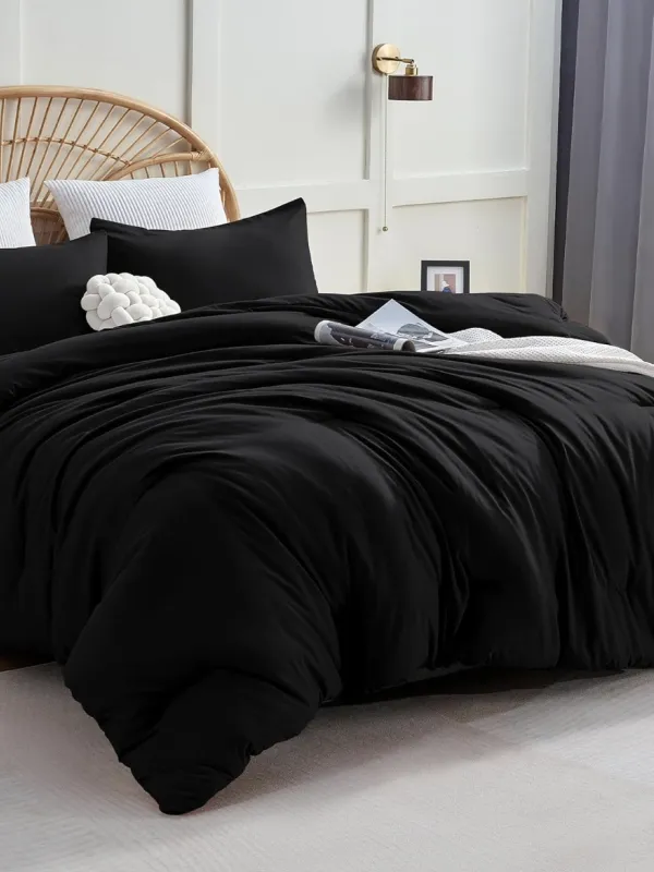 Product Comforter Set Black, 3 Pieces Lightweight Comforters Queen Size Quilted Bedding Sets, All Season Breathable Solid Down Alternative Comforter Image