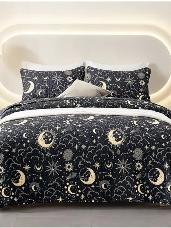 Product Home Quilt Set Full Queen Size Black Print 3 Piece,Lightweight Soft Coverlet Modern Style Sun Starry Pattern Bedspread Set(1 Quilt,2 Pillow Shams) Image