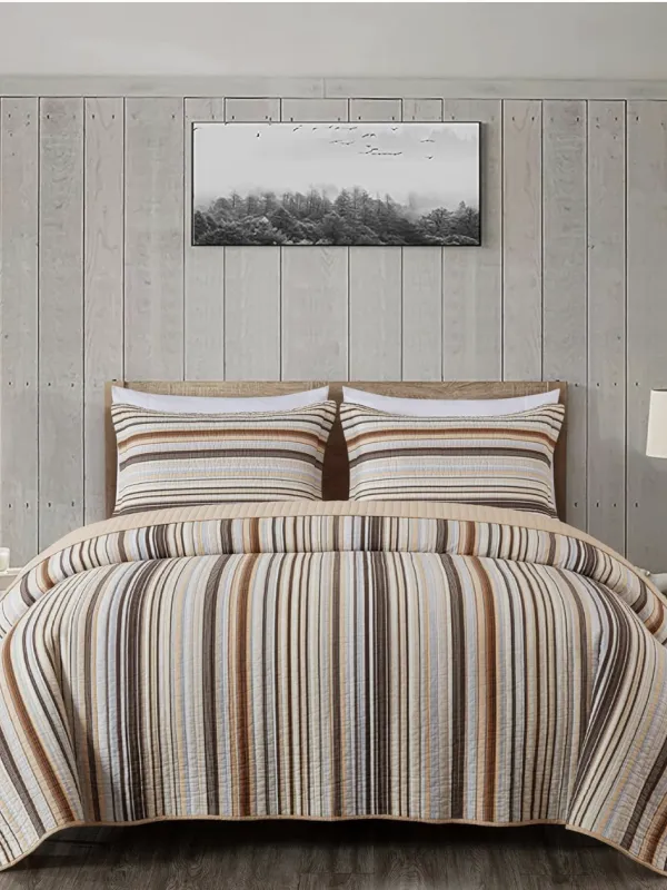 Product Striped Cotton Quilt Set Twin Size, 2-Piece Soft Pre-Washed 100% Cotton Quilt, Multi-Color Brown Image