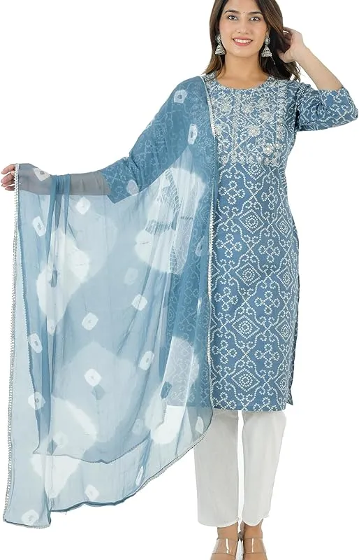 Product Women's Cotton Indian Bandhej Print Straight Kurta Set Image